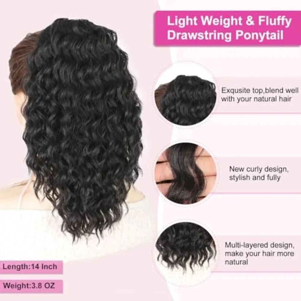Black Synthetic Curly Ponytail Extension 14 Inch Clip-in Drawstring Stylish